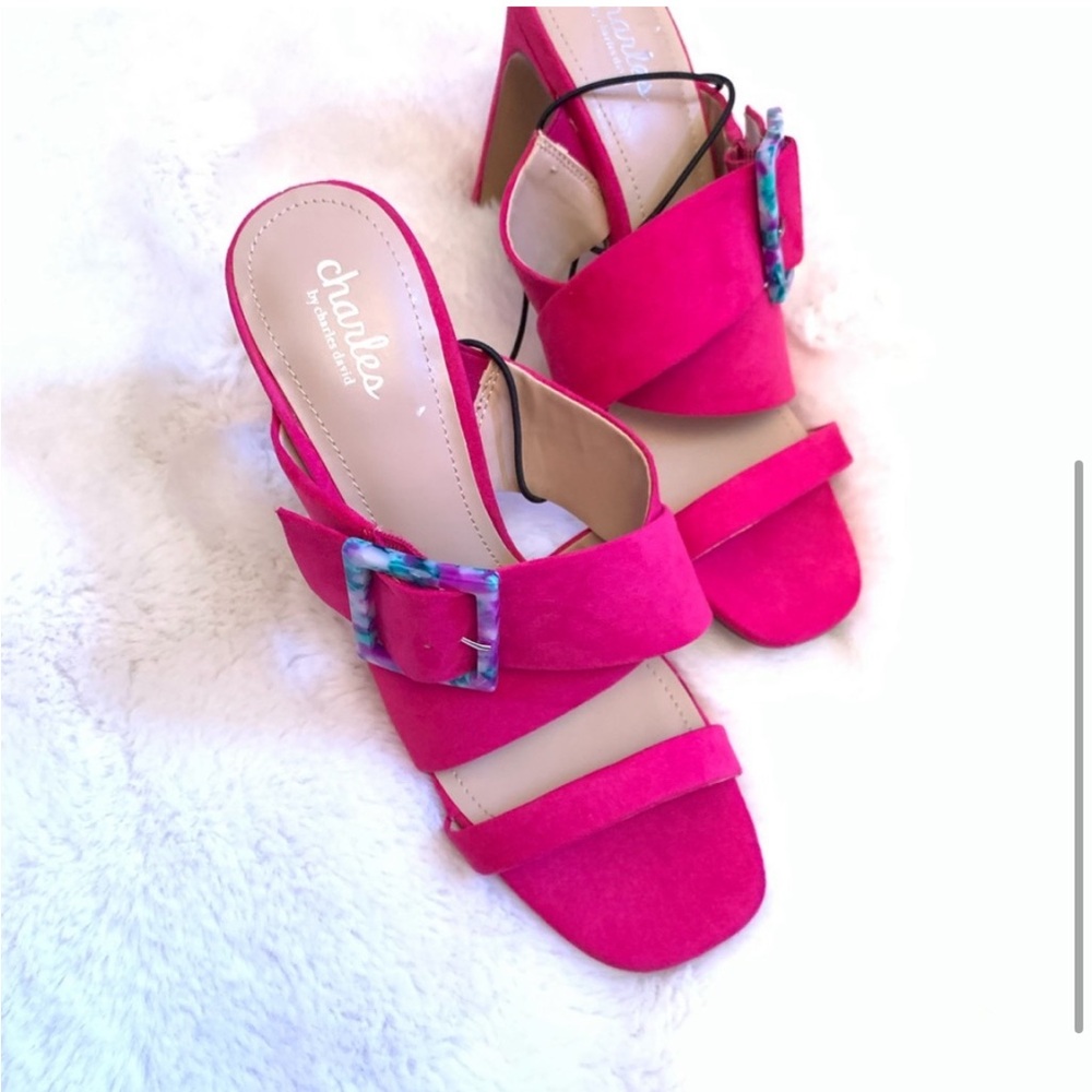 Charles David Pink Suede Crisscross Block Heel Sandals - Picture 4 of 5